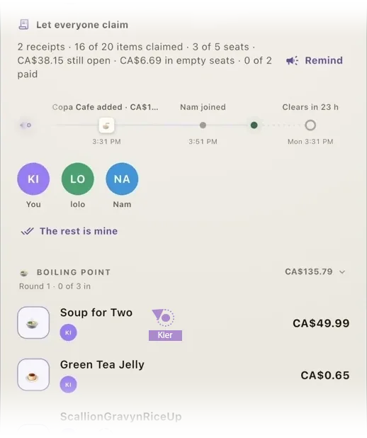 Splitting a restaurant bill in a dvup tab: 16 of 20 items claimed, the countdown timeline, and who's in